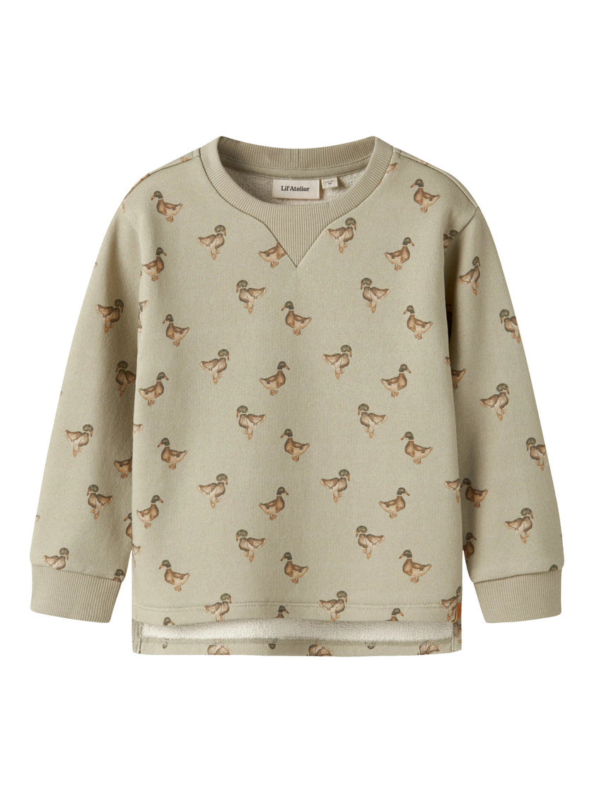 Mönstrad Collegetröja i Återvunnen Bomull - Moss Gray DUCK - NMMJOBO AIN LS LOOSE SWEAT LIL