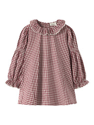 Rutig Bomullsklänning med Volangkrage - 92-122 - Biking Red - NMFROANNE LS LOOSE DRESS LIL