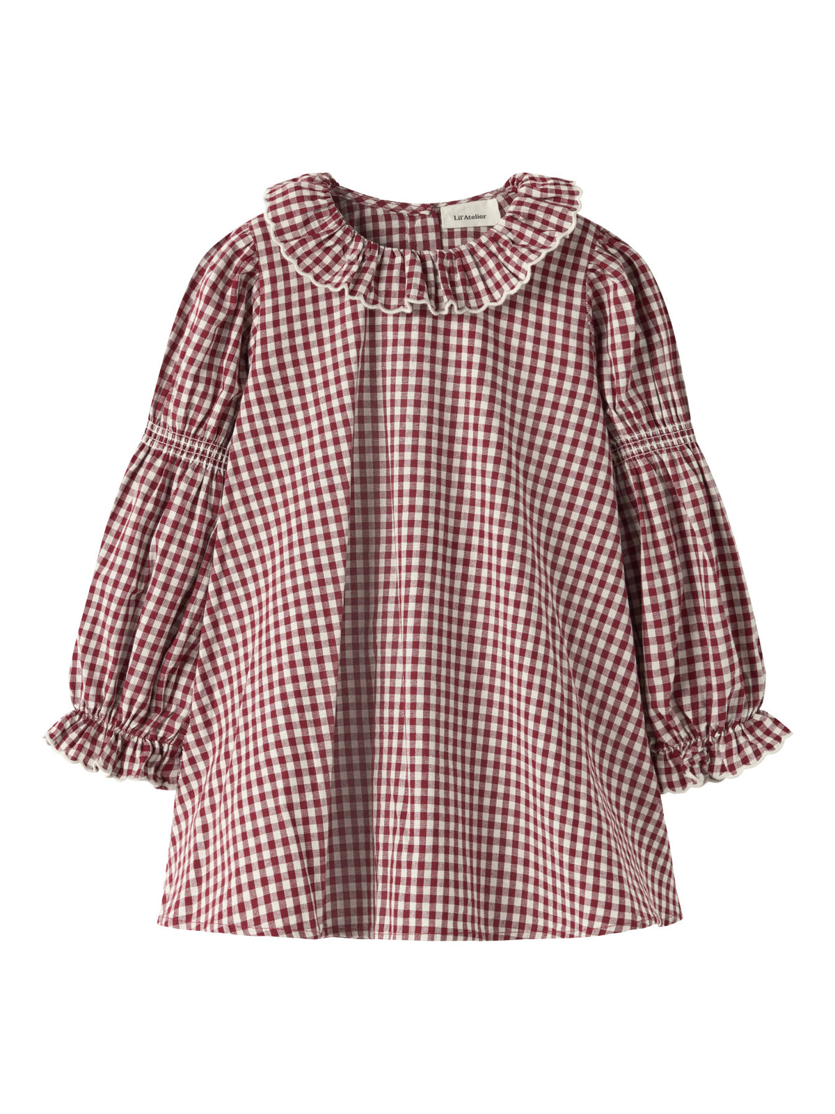 Rutig Bomullsklänning med Volangkrage - 92-122 - Biking Red - NMFROANNE LS LOOSE DRESS LIL