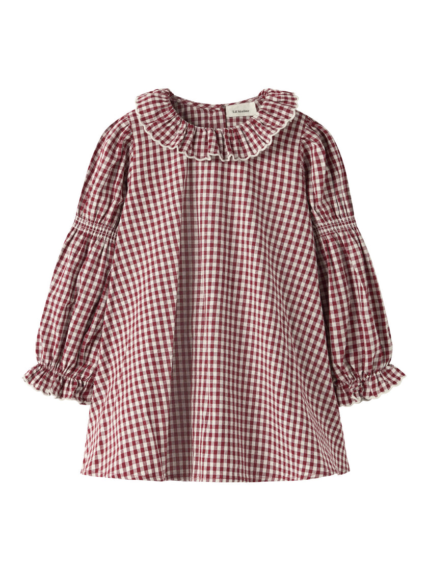 Rutig Bomullsklänning med Volangkrage - 92-122 - Biking Red - NMFROANNE LS LOOSE DRESS LIL