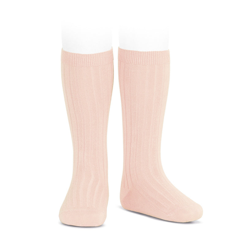 Ribbade knähöga strumpor rosa